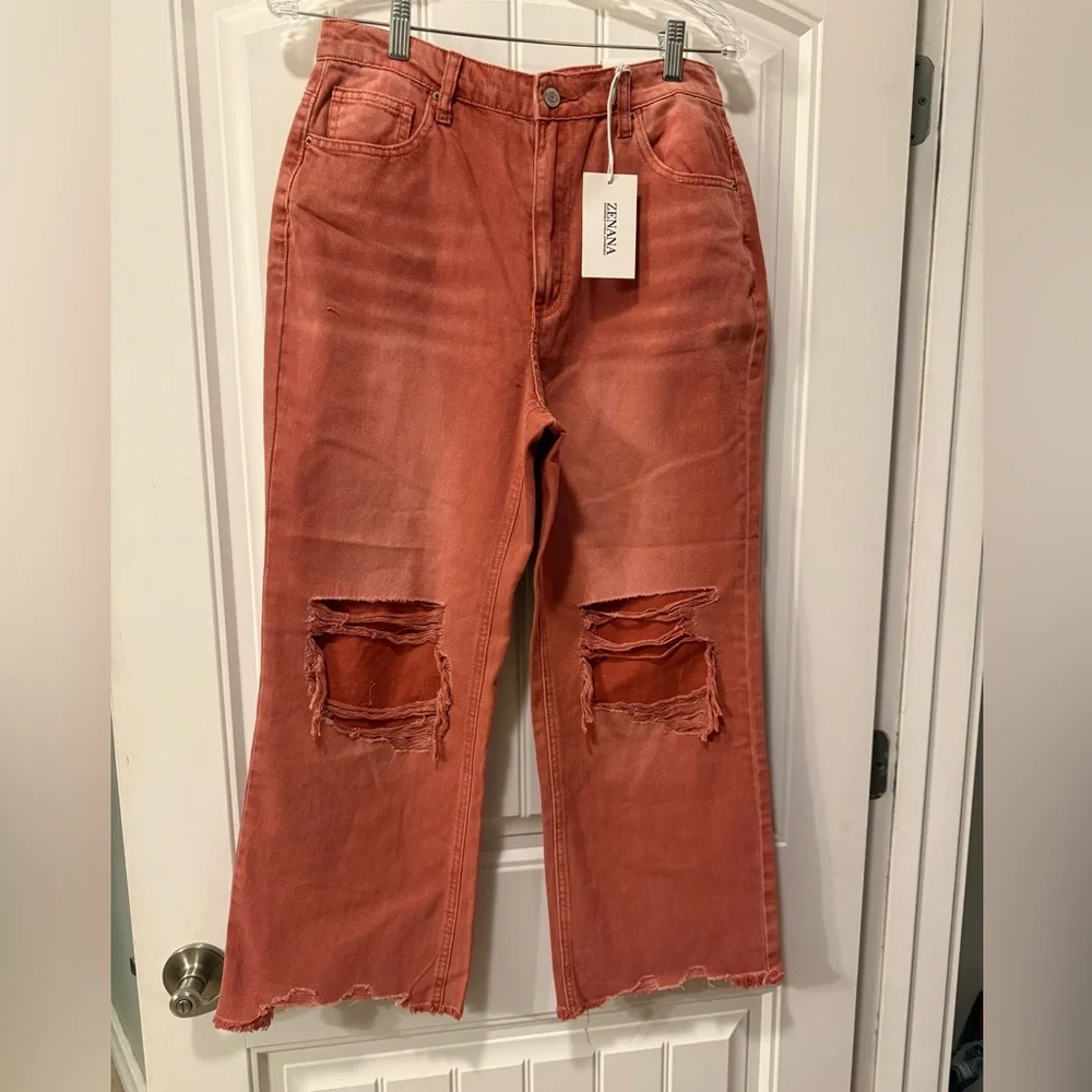Zenana Women's Flare Distressed Jeans in Faded Orange SZ 30 - Picture 1 of 4